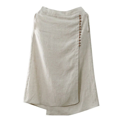 Mid-length raw jute color skirt with artistic irregular stitching in hemp
