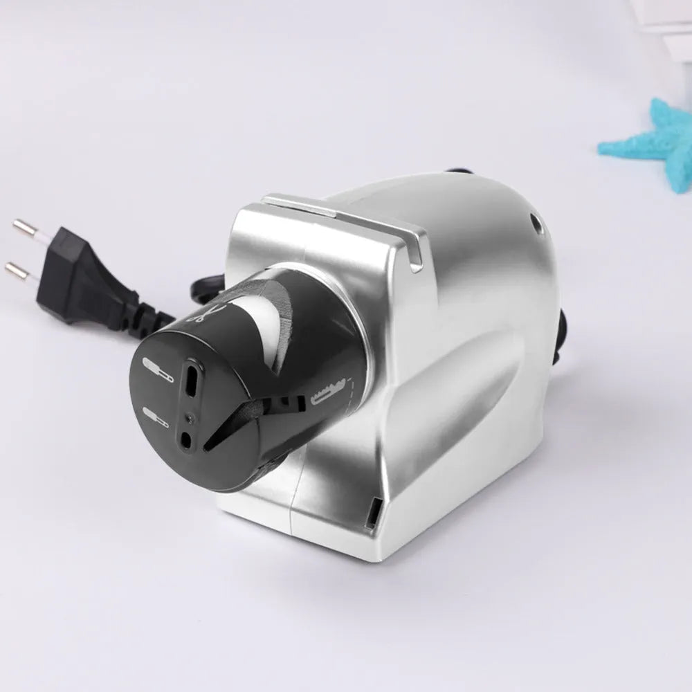 Plug-in power electric knife sharpener with emery grindstone, ABS body, gold accents, and compact 19 x 16.6 x 6.3 cm size for multifunctional sharpening