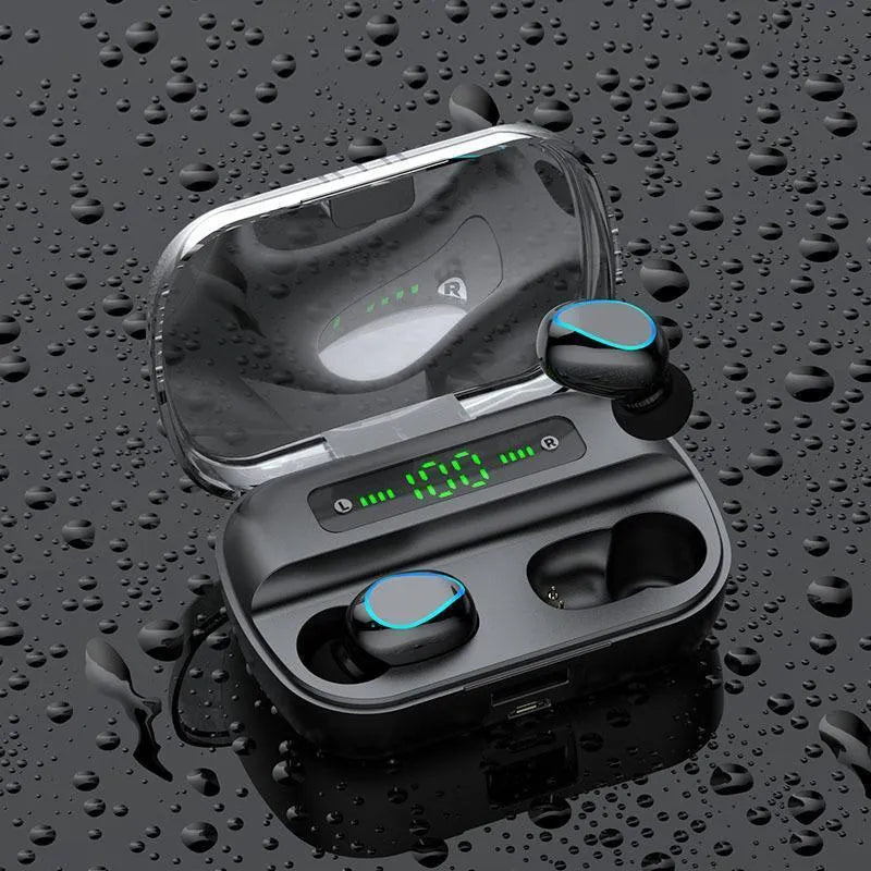 Black wireless Bluetooth headset with in-ear design showing Bluetooth 5.0 and 10m range features