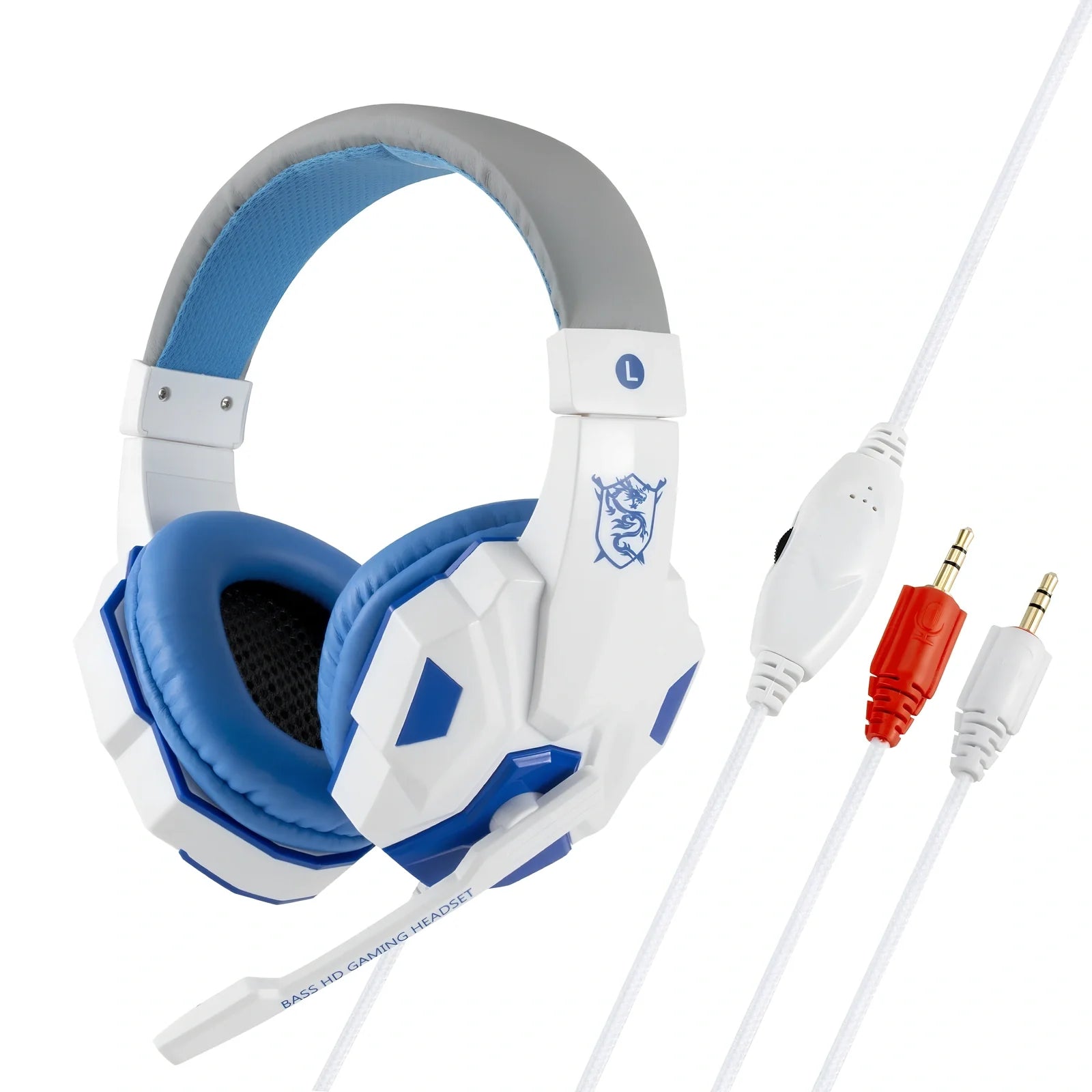 Black gaming headphones with adjustable microphone and braided cable showing 3.5mm plug