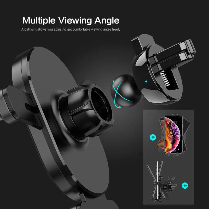 Black gravity car phone holder with 360-degree rotation ball joint mounted on a car air vent.