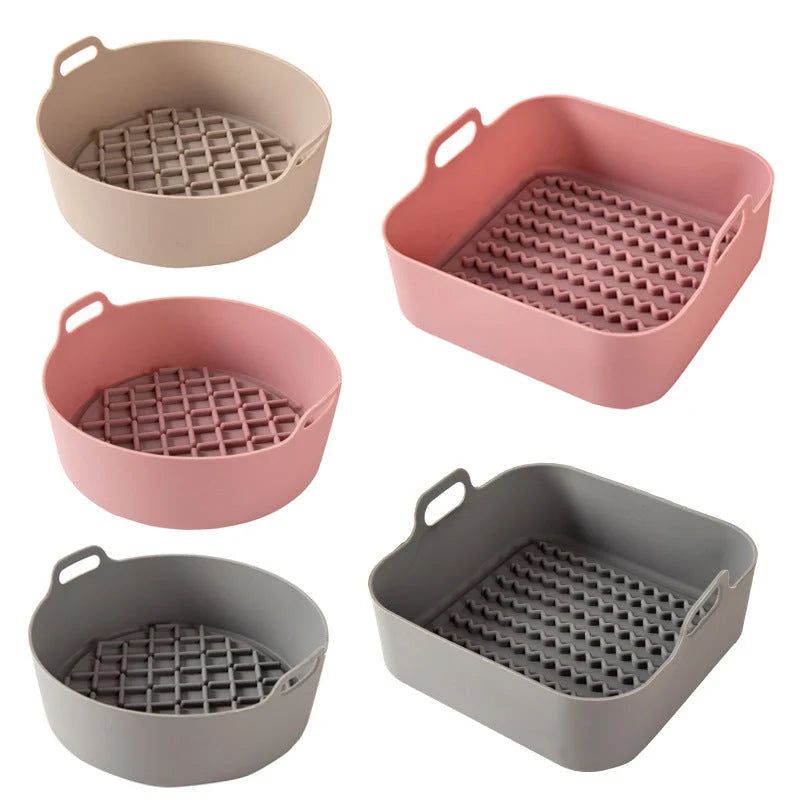 Reusable silicone air fryer liner in various colours, heat resistant up to 450°F