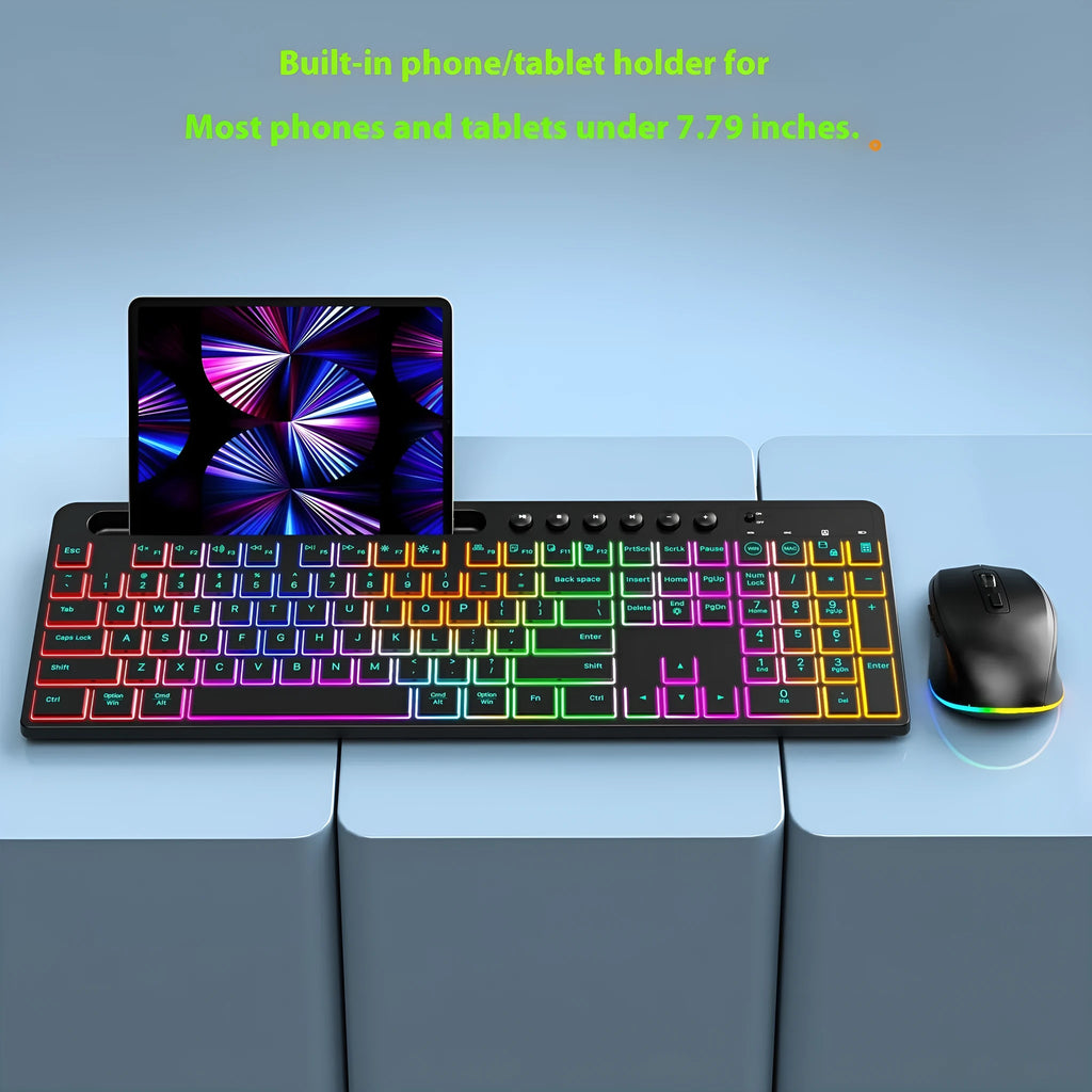 Black wireless keyboard and mouse set with luminous keys and integrated card slot for office use