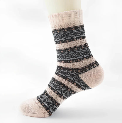 Pack of 5 thick stripe wool blend socks in various colours, featuring 15% rabbit hair for winter warmth, fitting sizes 39-42