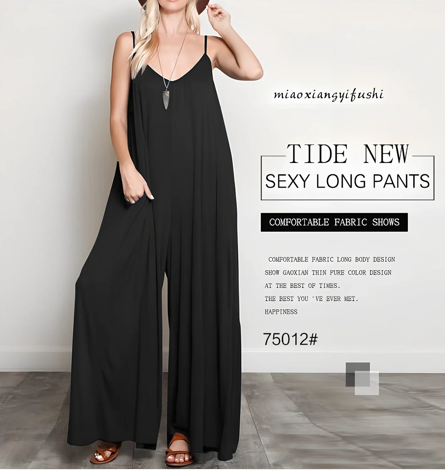 Women's black V-neck long jumpsuit with wide legs, loose fit up to 5XL, 160cm length for summer casual wear