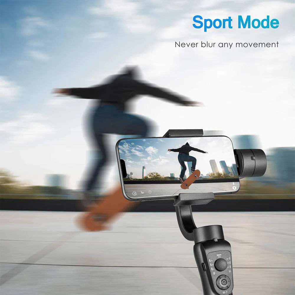 Black three-axis handheld gimbal stabilizer for mobile phones showing dimensions and construction