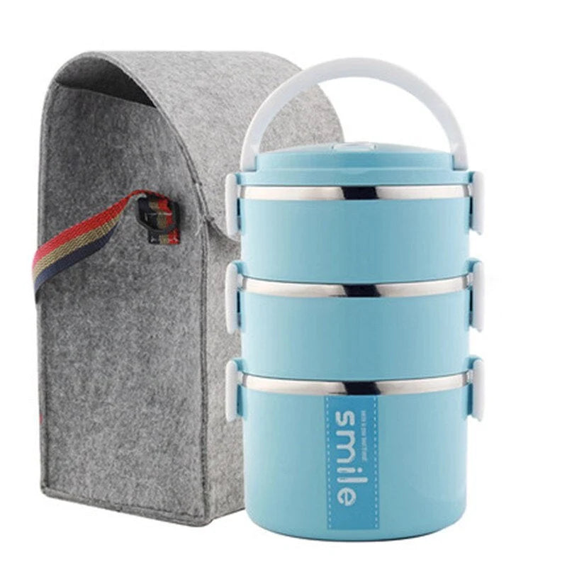 Stainless steel lunch box with built-in spoon, leak-proof design, in green, pink, and blue