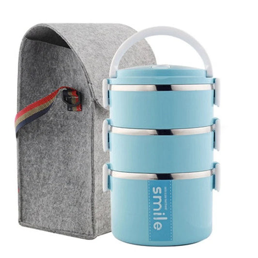 Stainless steel lunch box with built-in spoon, leak-proof design, in green, pink, and blue