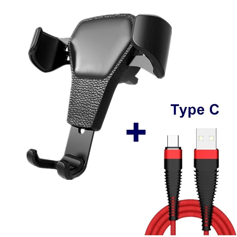 Leather grain gravity mobile phone car holder in black and white, secure and stylish design