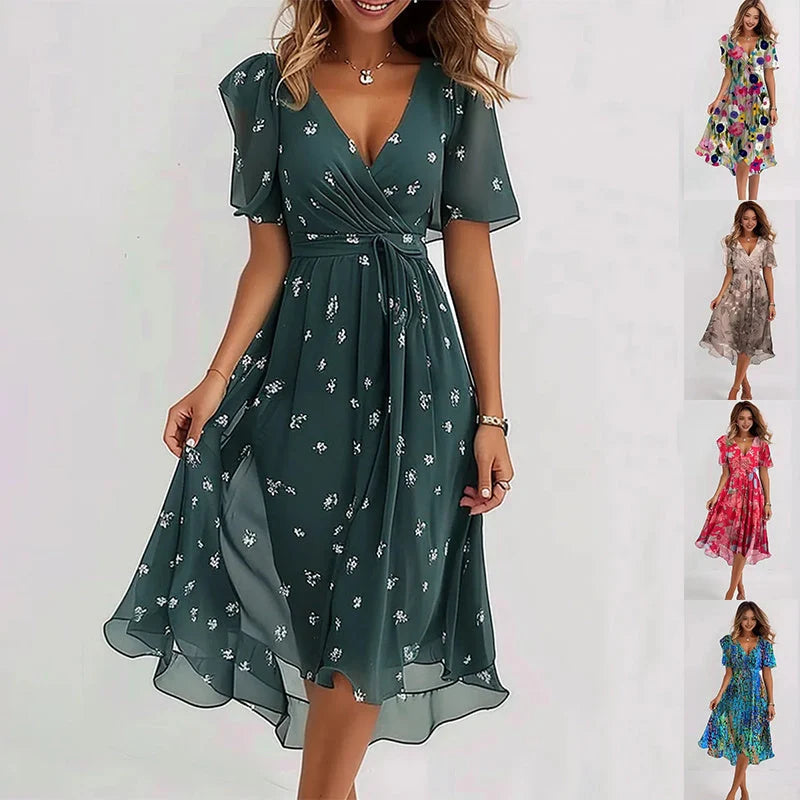 Chiffon printed short sleeve dress with V-neck for summer in various colours
