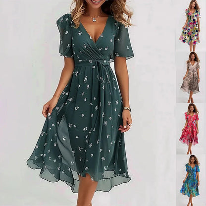 Chiffon printed short sleeve dress with V-neck for summer in various colours