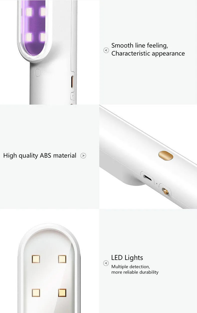 Portable UV hand-held sterilisation lamp in white, 219x34x40mm rechargeable design
