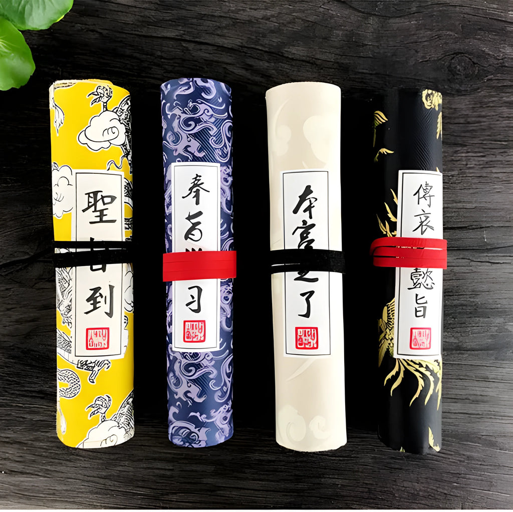 Student court style Oxford fabric pencil case in black, blue, light yellow, or yellow, showing its 28.5mm by 200mm size.