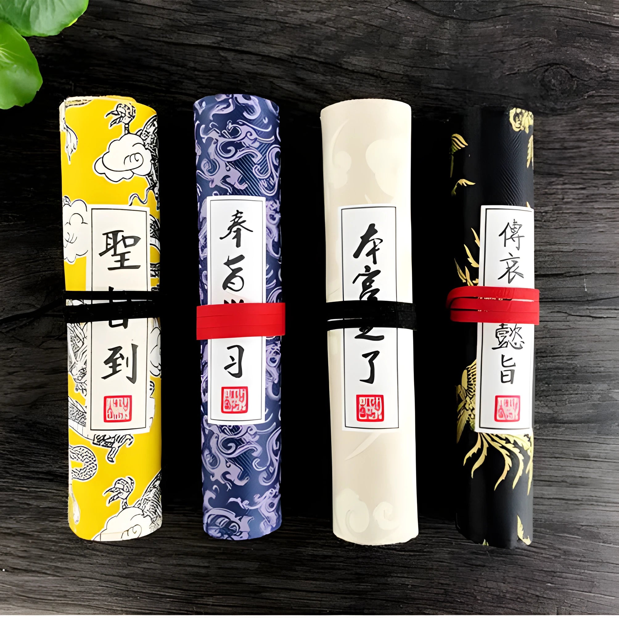 Student court style Oxford fabric pencil case in black, blue, light yellow, or yellow, showing its 28.5mm by 200mm size.
