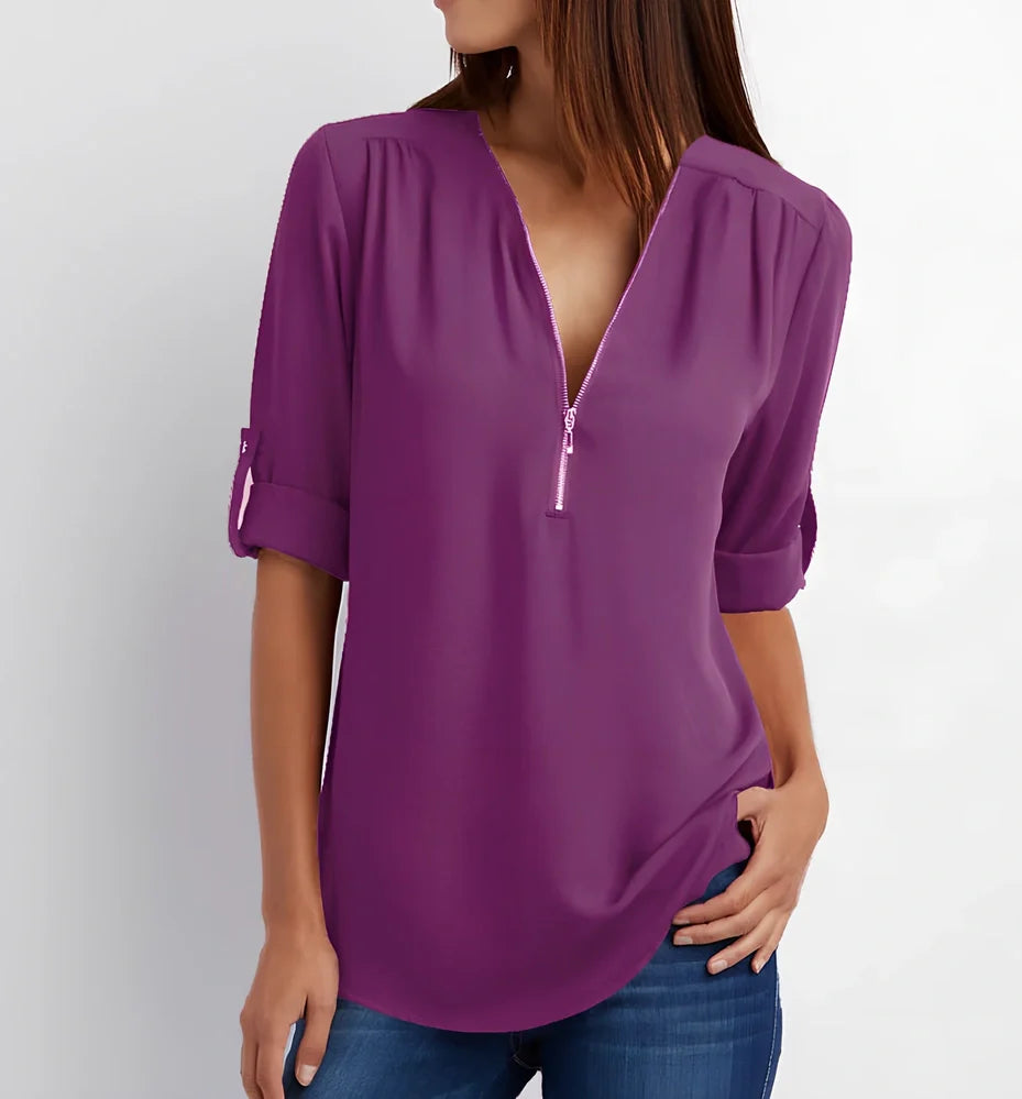 Women's pink zip V-neck short sleeve loose shirt, bust 96cm size S, Dacron fabric in multiple colours
