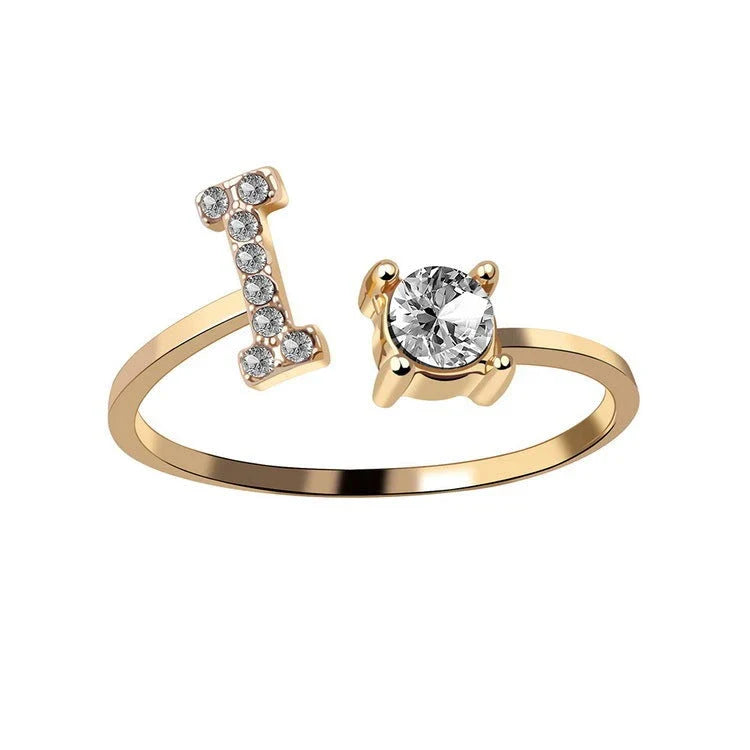 Elegant 26-letter adjustable initial ring in gold, silver, and rose gold finishes