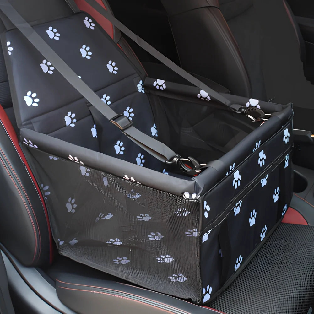Waterproof pet car mat with headrest straps installed in vehicle, showing storage compartment and dimensions 400x300mm