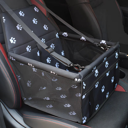 Waterproof pet car mat with headrest straps installed in vehicle, showing storage compartment and dimensions 400x300mm