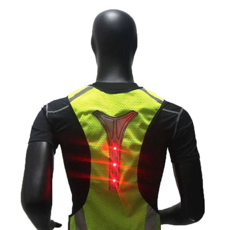 Fluorescent yellow LED reflective safety vest with red lights and mesh material for night cycling