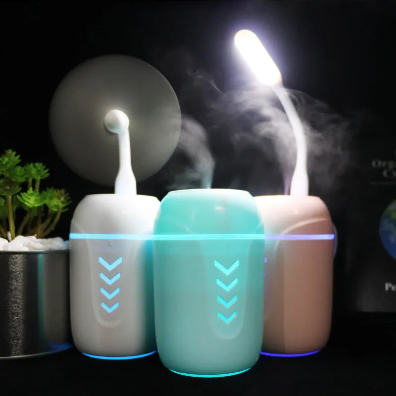 X3 portable car humidifier with column design in blue, pink and white colour options