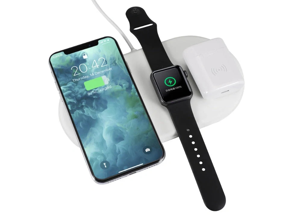 White 3-in-1 wireless charger station with Micro USB port and charging indicator