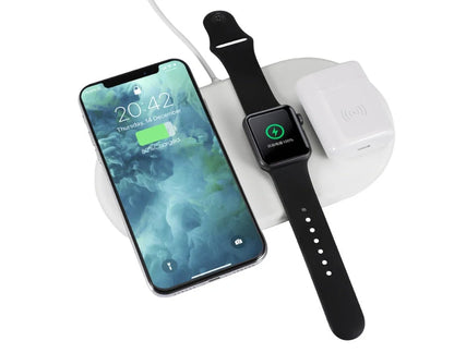 White 3-in-1 wireless charger station with Micro USB port and charging indicator