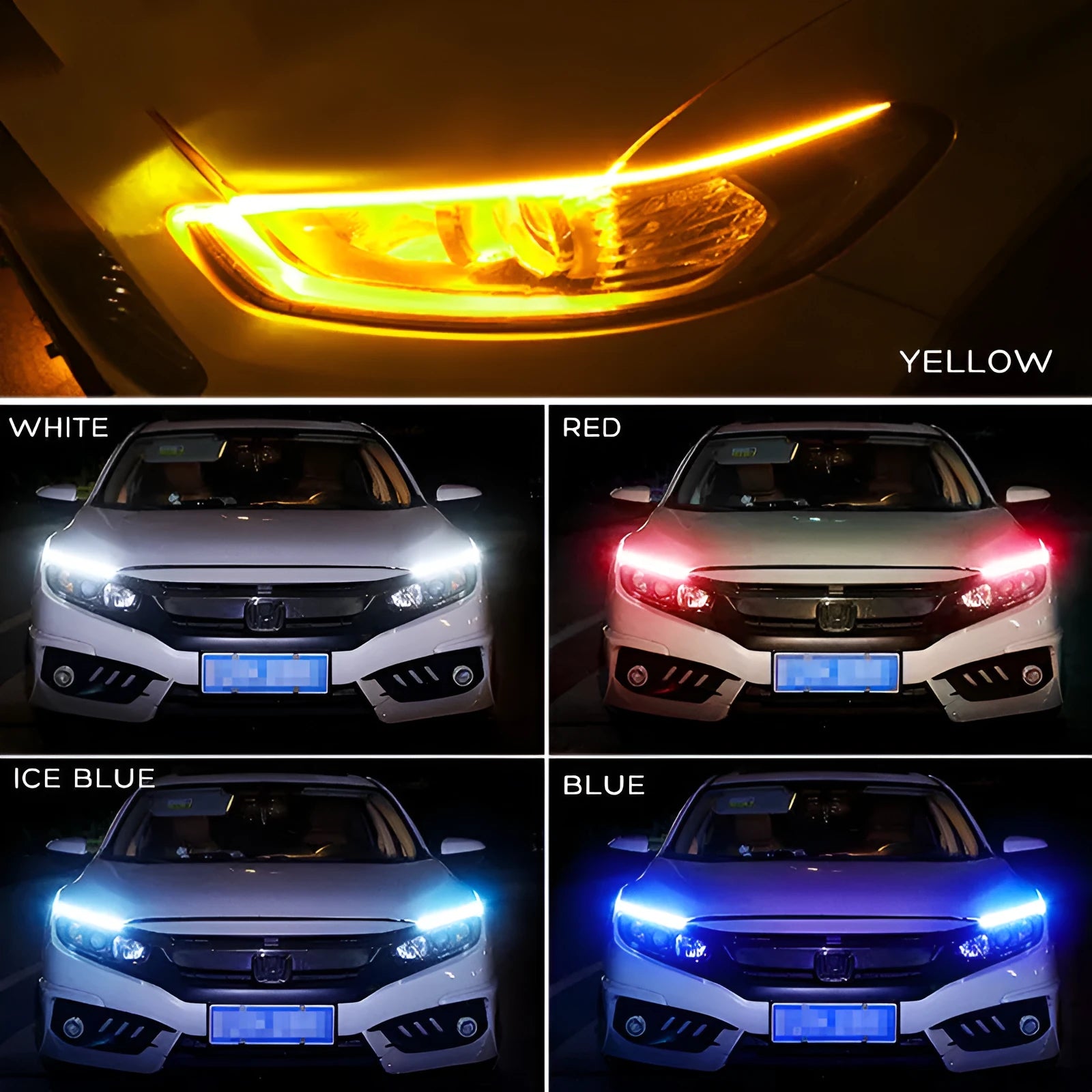 Flexible silicone LED car light strip for daytime running and turn signals, showing wiring connections.