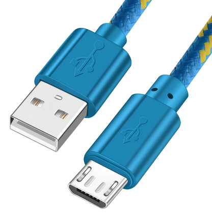 Woven nylon cloth data cable in multiple colours showing Android micro and USB-C connector options