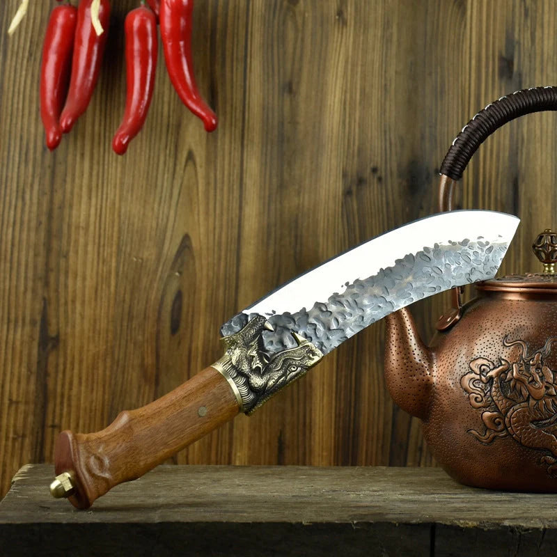 Hand-forged slicing knife with rosewood handle and leather case