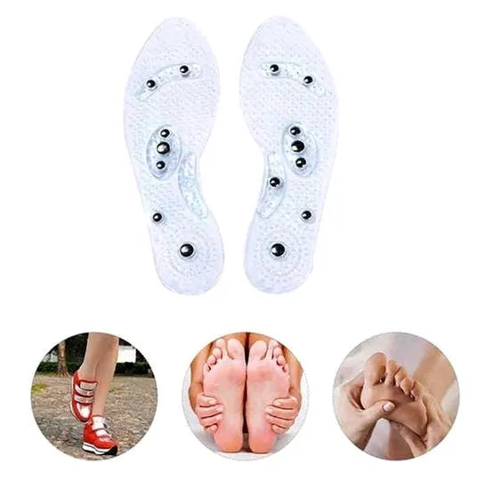 Transparent magnetic massage insole with silicone elastomer, visible magnets and massage nubs, on white background