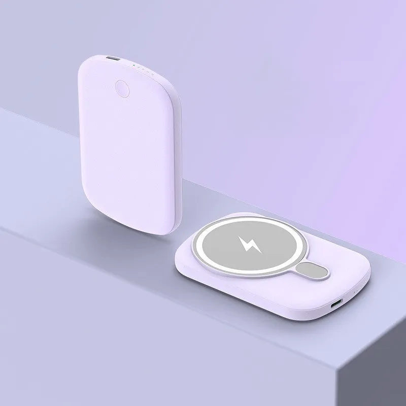 Magsafe magnetic wireless power bank in Barbie Pink colour showing creative design plastic case.