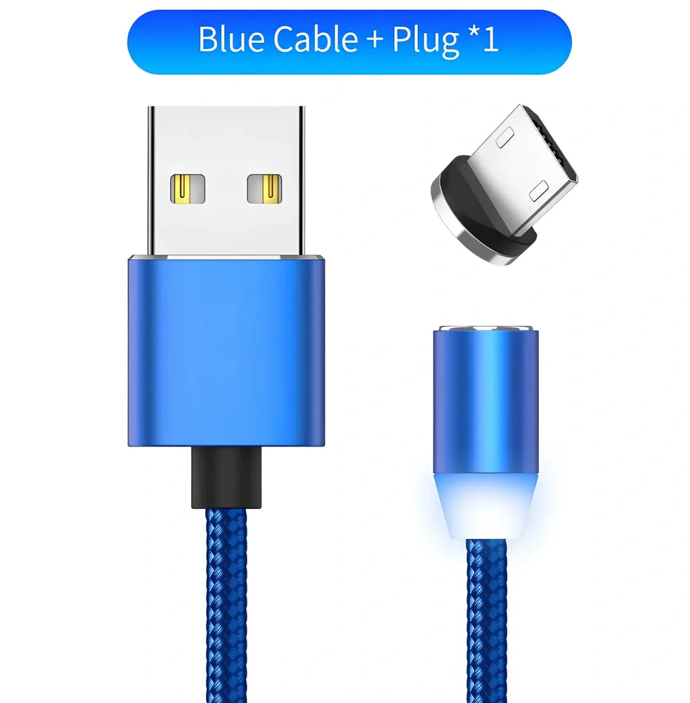 YBD 1m black magnetic LED charging cable with three-in-one plugs for iPhone and Android, showing N52 magnet connection