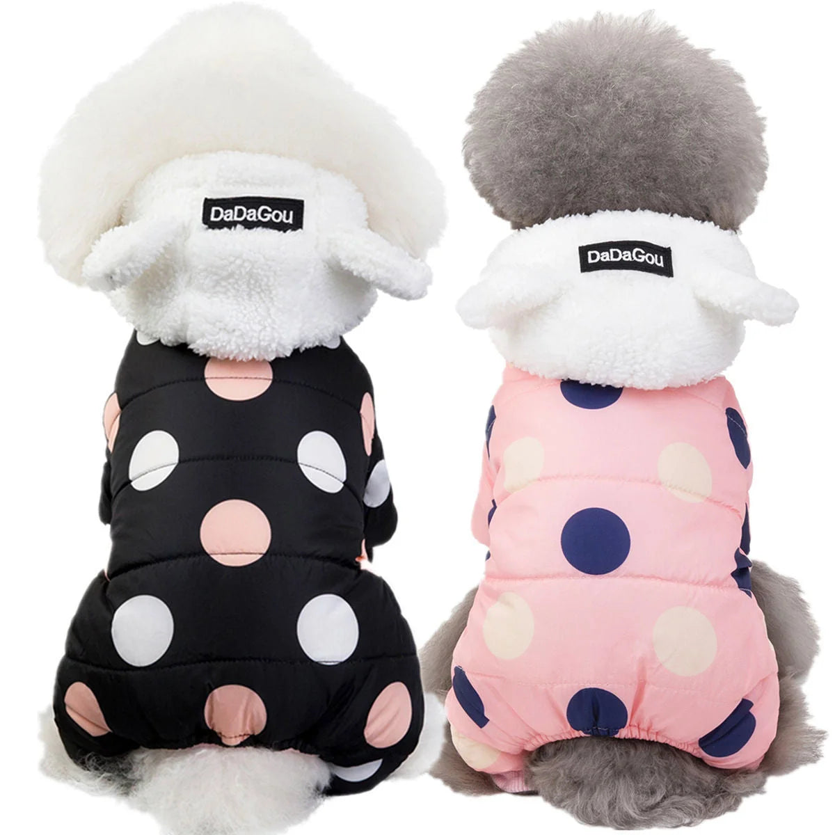Big polka dot cotton coat with four-leg design in pink, black, and light yellow