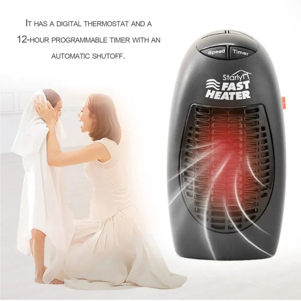 Black mini portable electric heater with digital display and a rotating three-prong plug.
