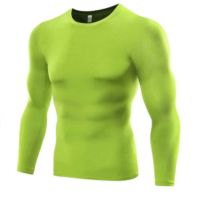 Premium men's compression long sleeve workout top in various colors and sizes