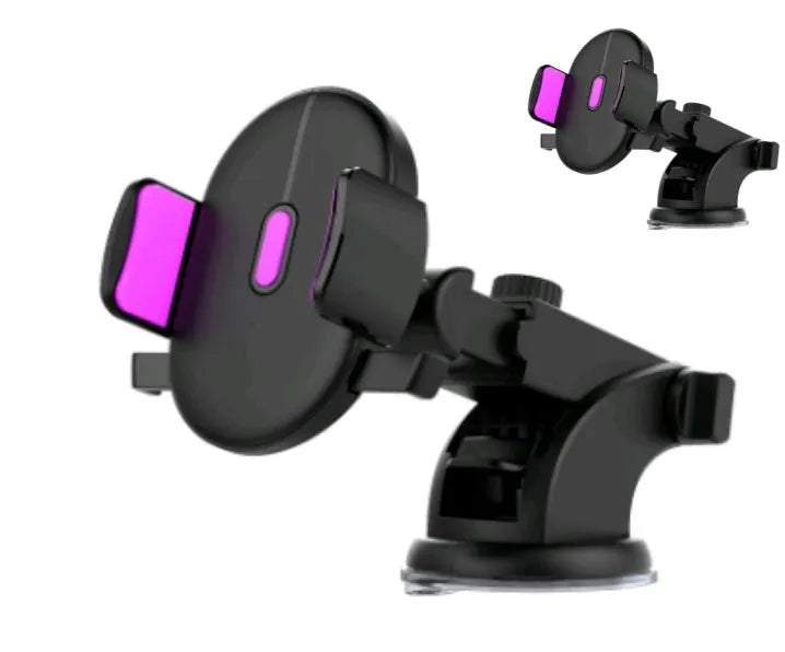 Black telescopic car dashboard phone holder with suction cup extended, showing 360-degree rotation.