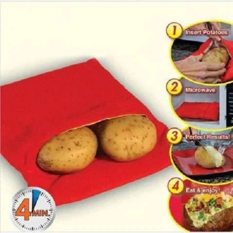Red microwave cooker bag for quick and easy potato cooking