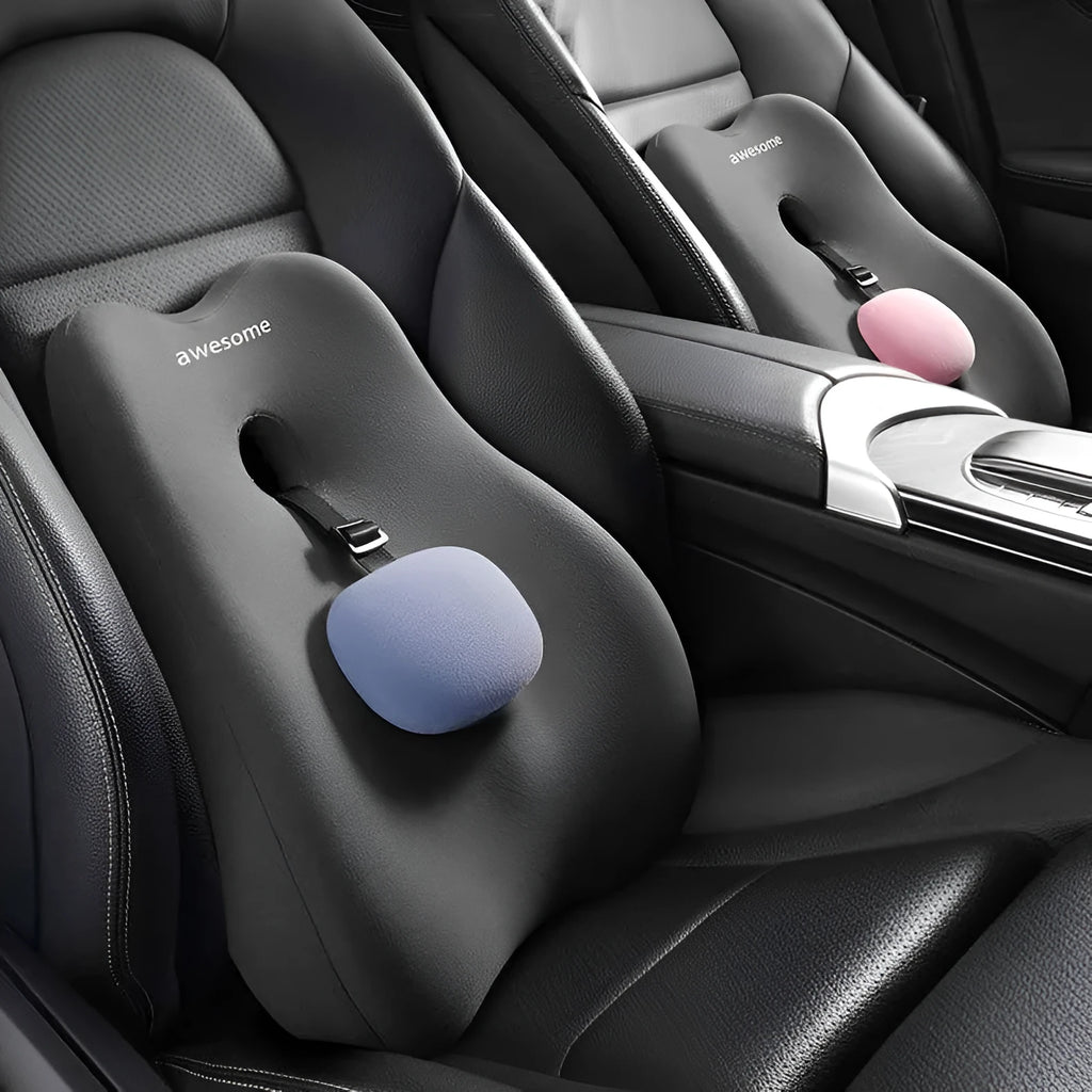 Car lumbar support pillow with memory foam filler and textured imitation brocade cotton cover in various colours