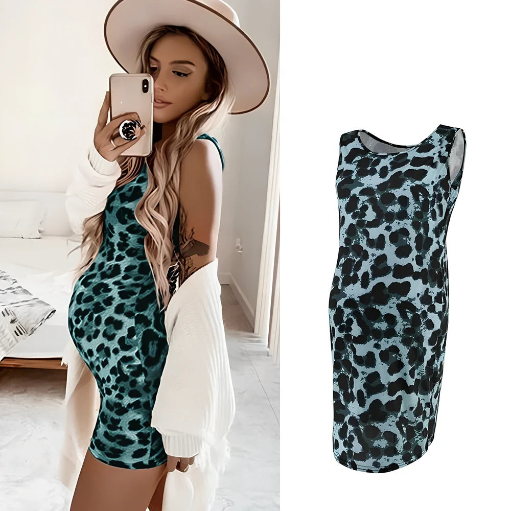 Sleeveless leopard print maternity dress in navy blue, loose waist MIDI length for pregnant women, polyester fabric with V-neck