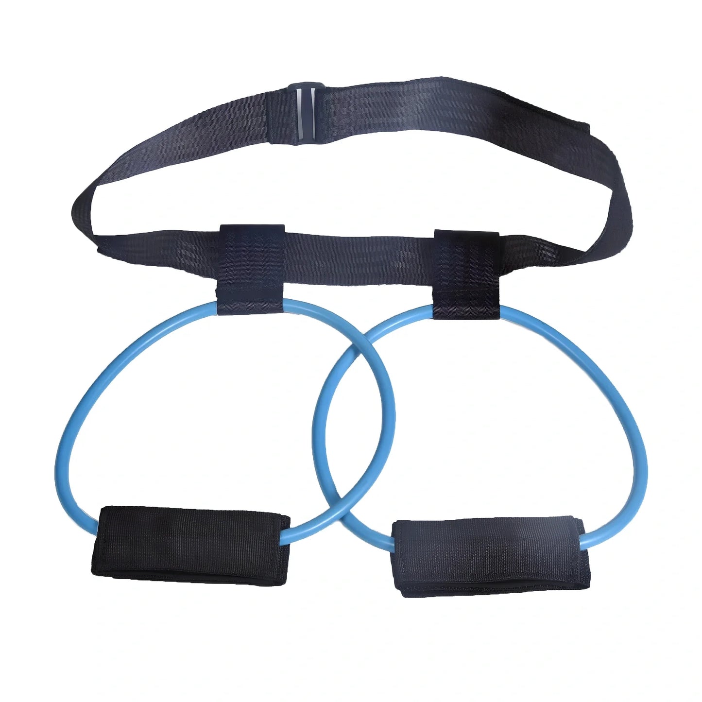 Women's adjustable waist resistance band with colour-coded latex tubes and pedal exerciser foot straps