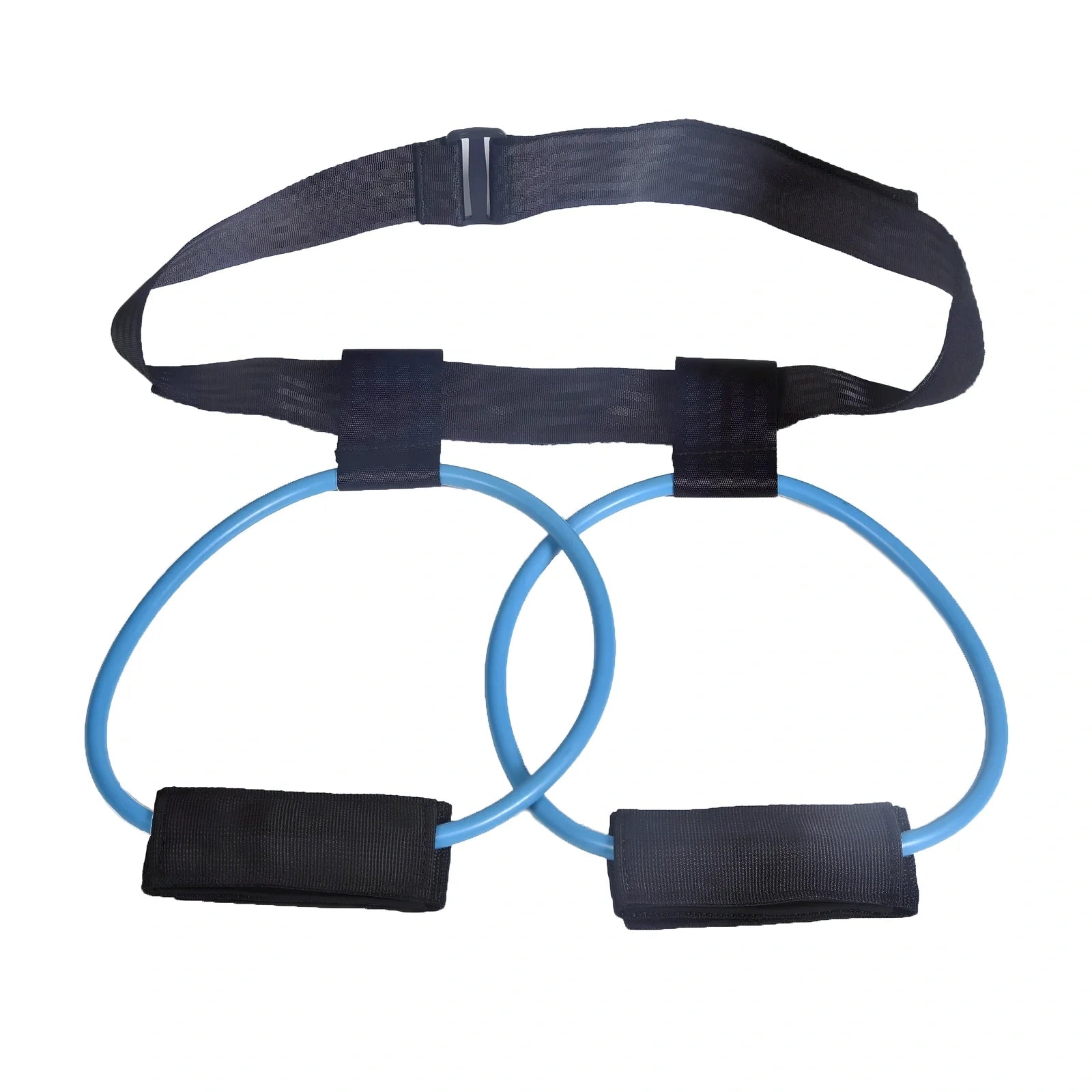 Women's adjustable waist resistance band with colour-coded latex tubes and pedal exerciser foot straps