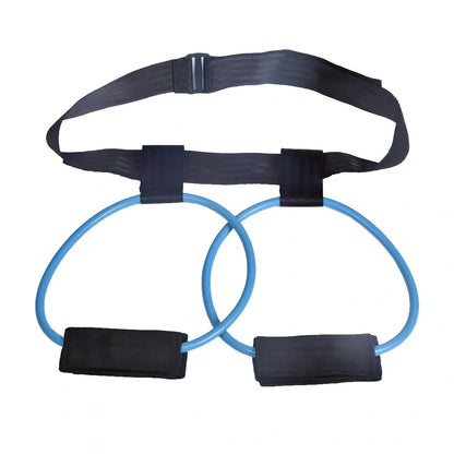 Women's adjustable waist resistance band with colour-coded latex tubes and pedal exerciser foot straps