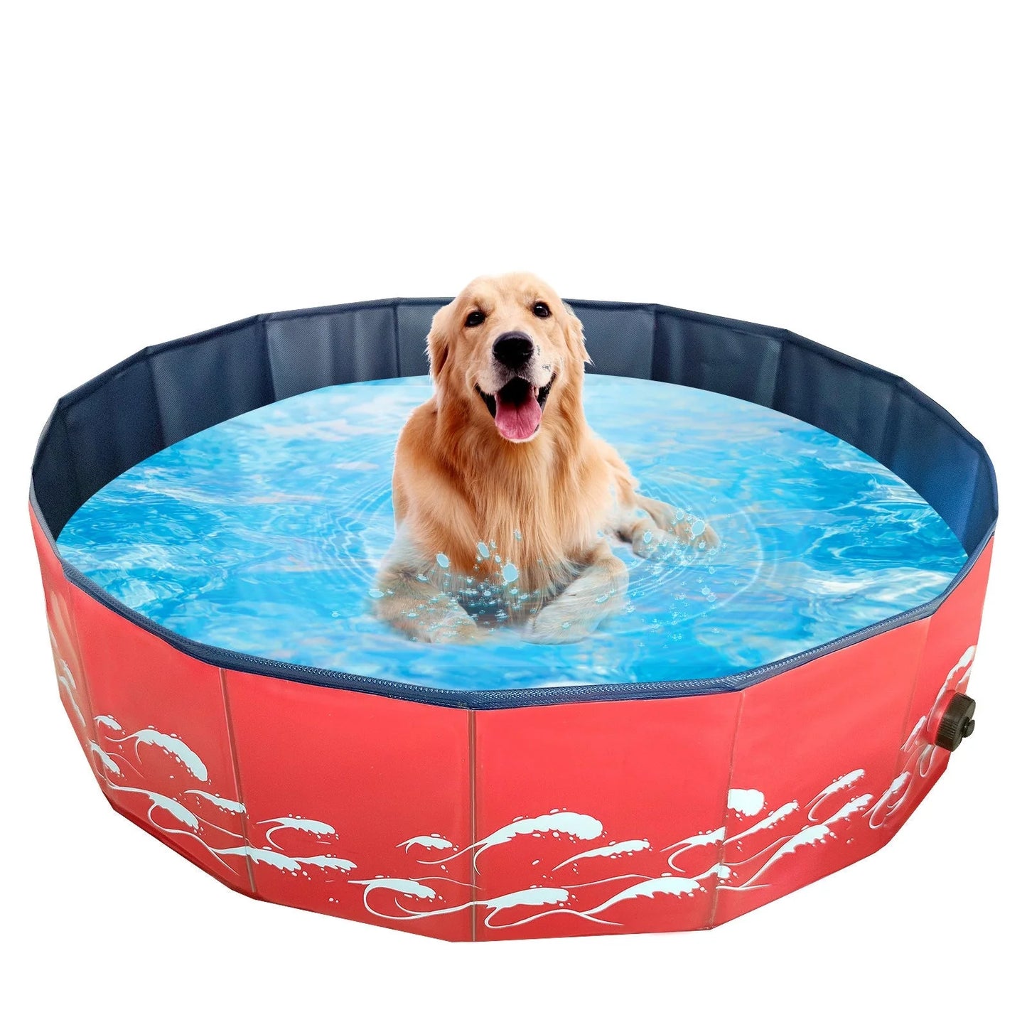 Collapsible dog pool in blue water pattern and red sea wave designs, perfect for pets and kids