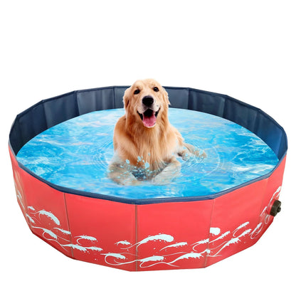 Collapsible dog pool in blue water pattern and red sea wave designs, perfect for pets and kids