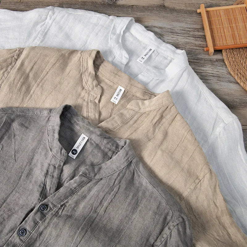 Retro striped linen pullover top in grey, shown on a model, featuring short sleeves.