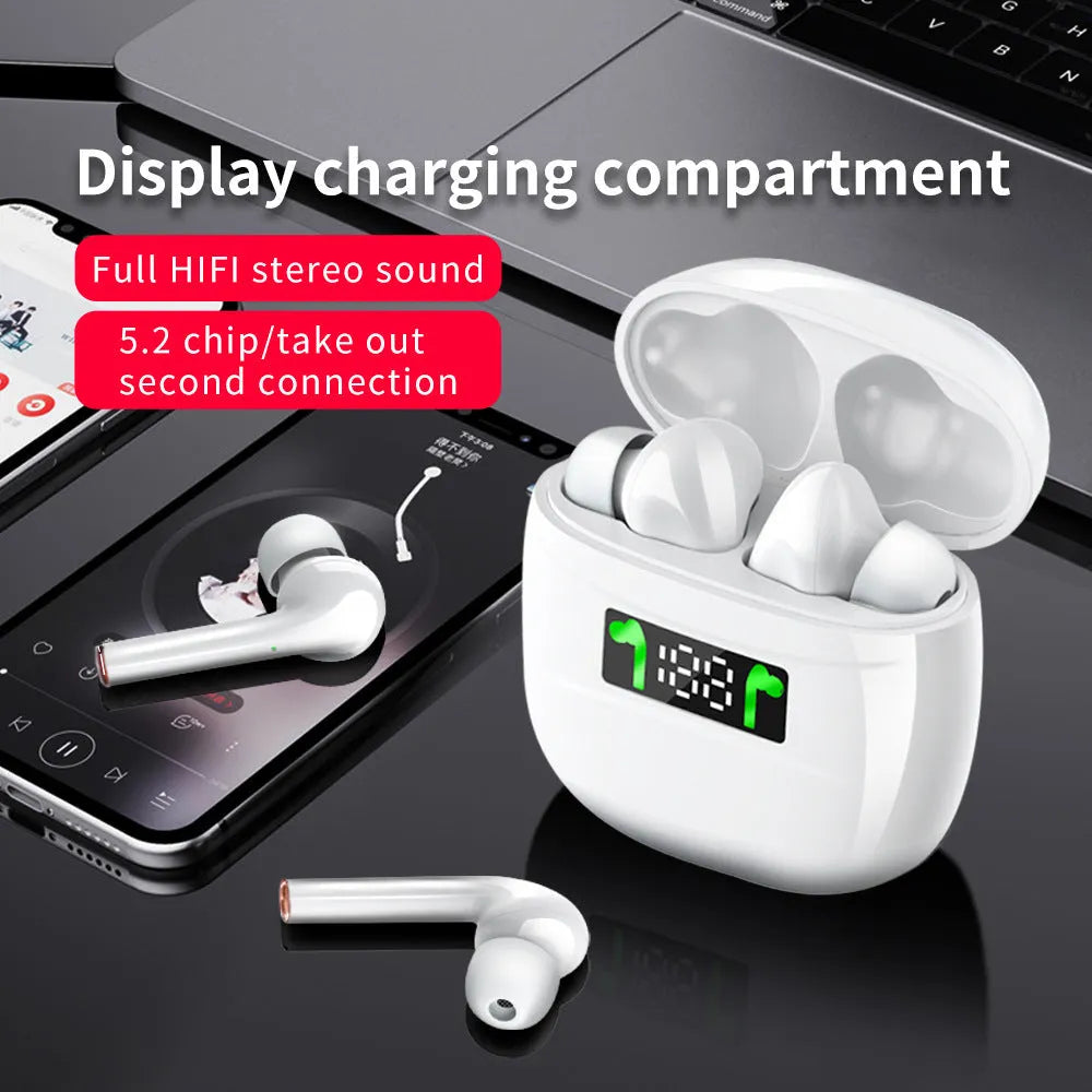 Bluetooth headset sports headset earplug style with power display in White and Black on white background
