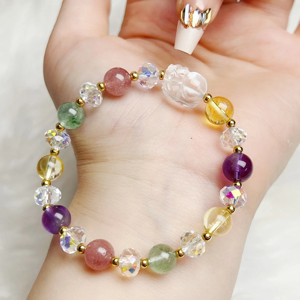 Colourful crystal bracelet with nine-tailed fox and phoenix animal zodiac design on adjustable band