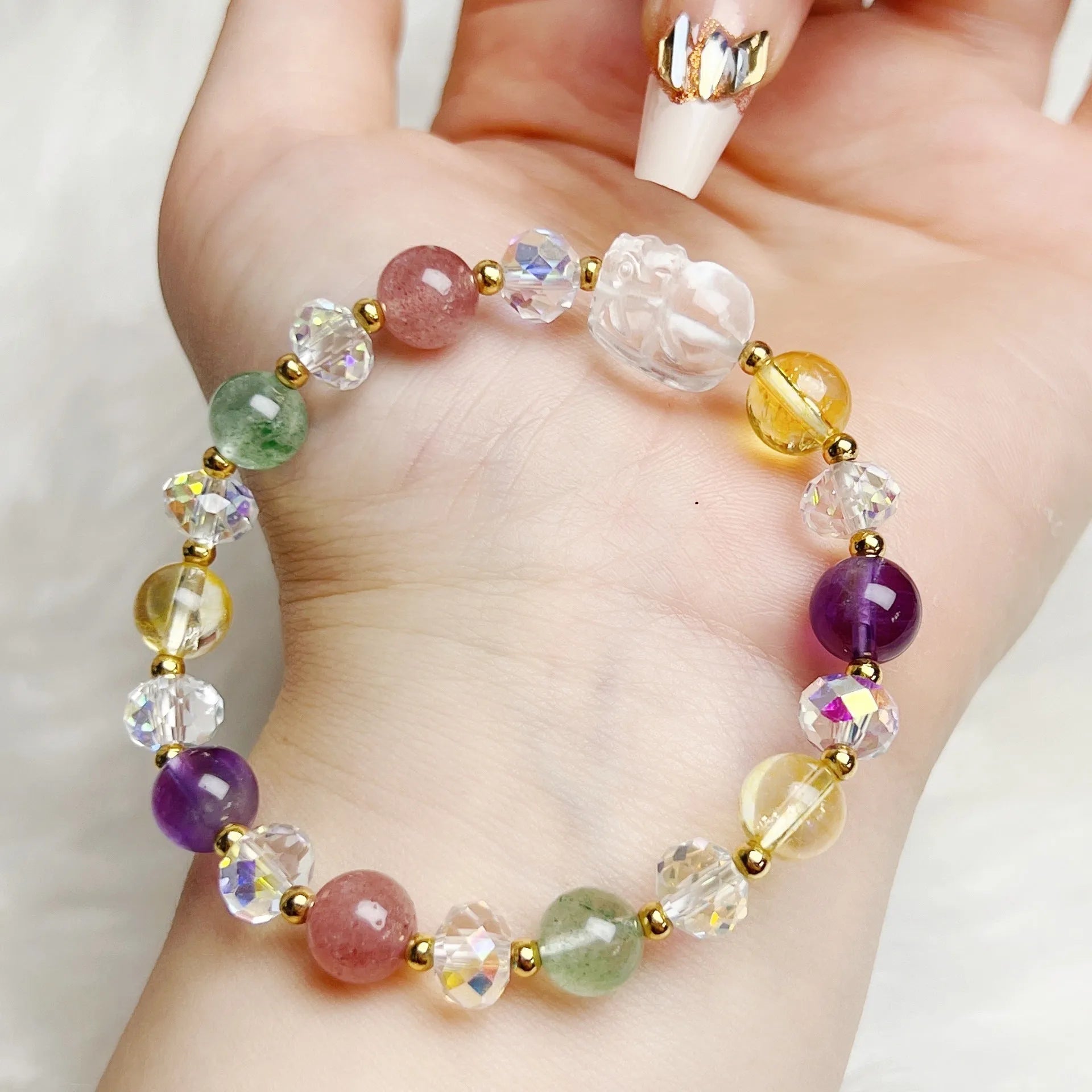 Colourful crystal bracelet with nine-tailed fox and phoenix animal zodiac design on adjustable band