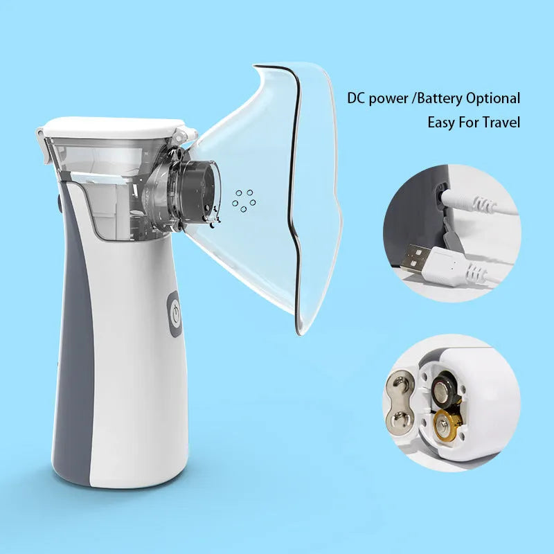 White handheld microporous medical nebuliser with mouthpiece, compact size 50x48x130mm