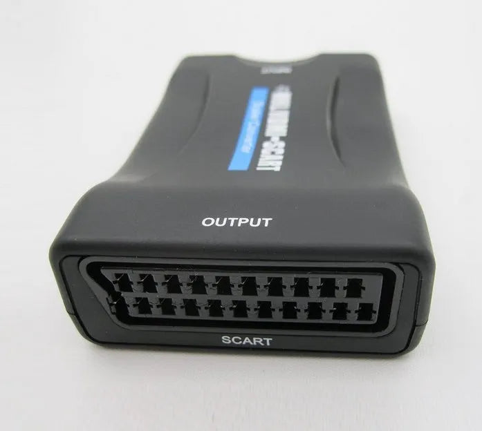 1080P HDMI to SCART bidirectional converter in black ABS plastic housing with USB cable